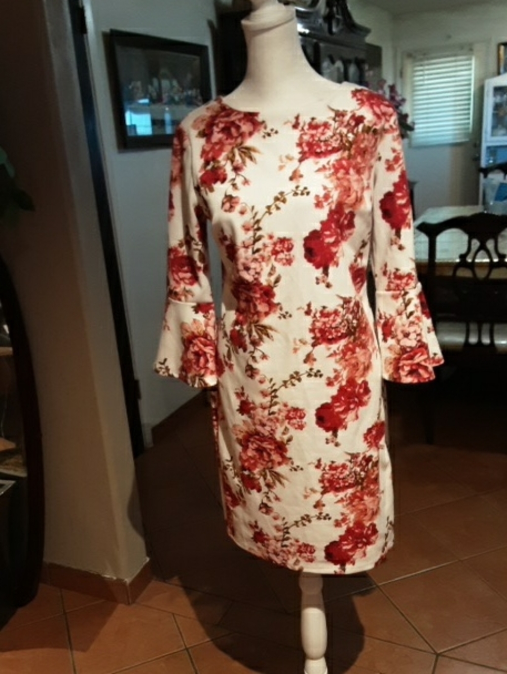 Enfocus Studio Cream Midi Dress with Red Floral Print